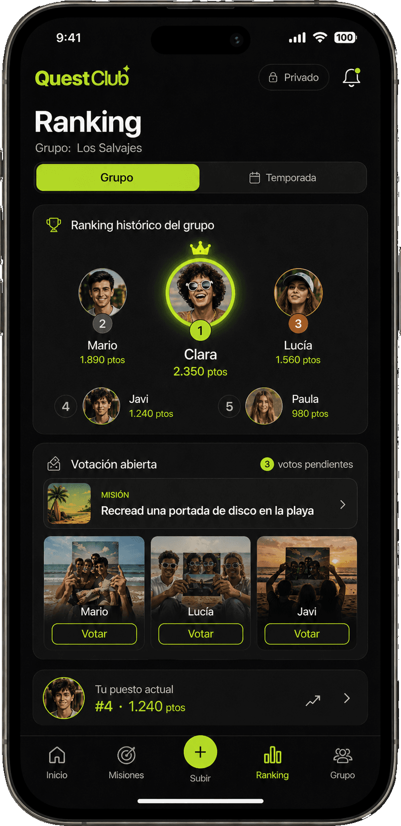 Pantalla de ranking del grupo Los Salvajes con podio de Clara, Mario y Lucía, votación abierta y posición actual del usuario.
